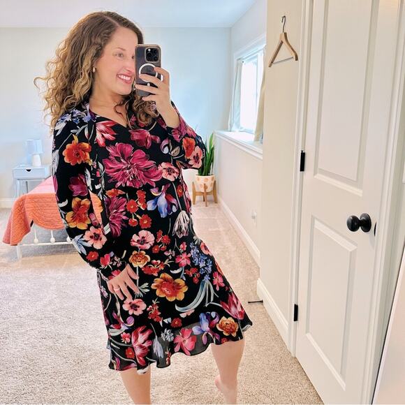 J. Crew Black Floral Long Sleeve Mini Dress 6 - Picture 1 of 15